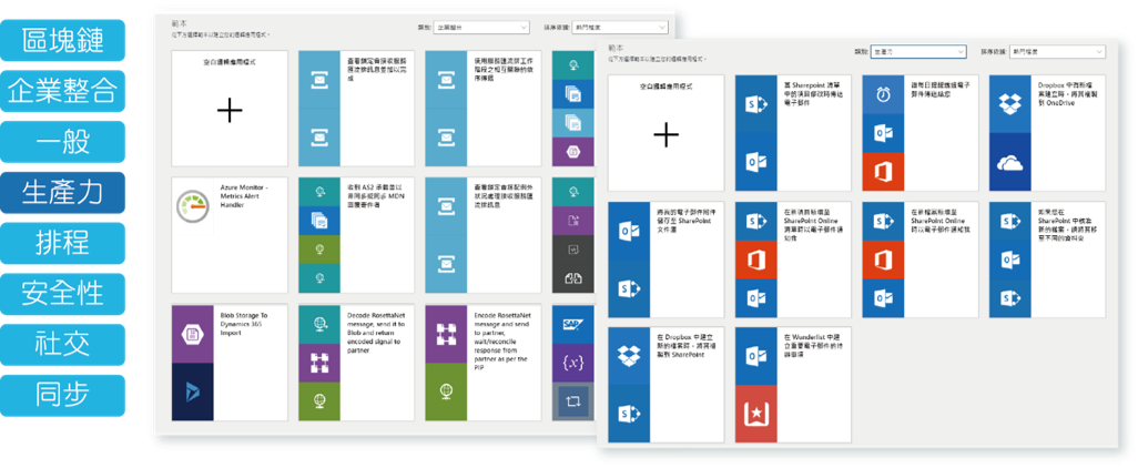 Logic App 現有範例: 區塊鏈、企業整合、一般、生產力、排程、安全性、社交、同步。BizTalk、B2B、EAI、EDI、BPM、異質系統整合、資料交換