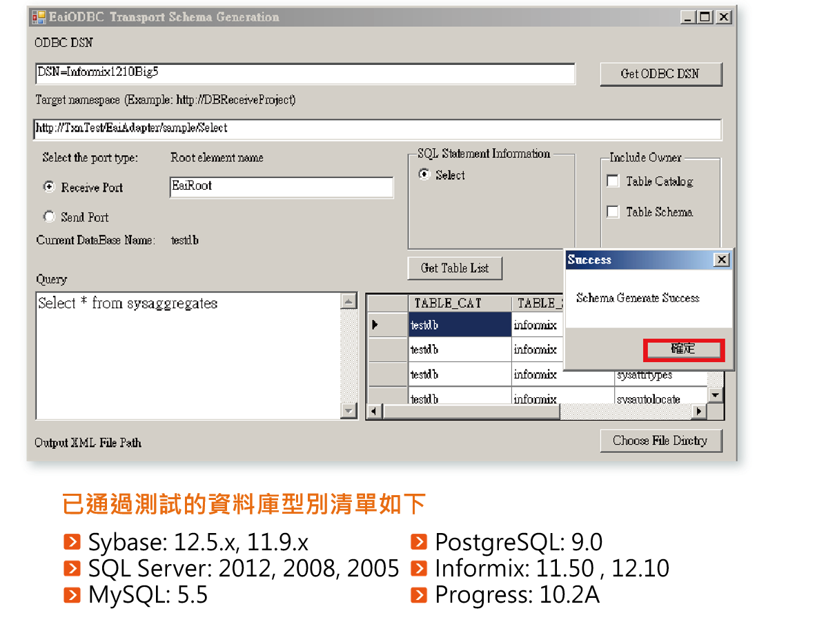 eaiedi_BizTalk ODBC Adapter介紹(漢門加值):已通過測試的資料庫型別清單如下:Sybase: 12.5.x, 11.9.x、SQL Server: 2012, 2008, 2005、MySQL: 5.5、PostgreSQL: 9.0、Informix: 11.50 , 12.10 、Progress: 10.2A